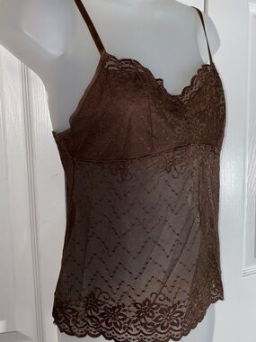 Vanity Fair M Lace Cami Dark Brown Lace Y2K Crop Camisole Adjustable Straps AA19
